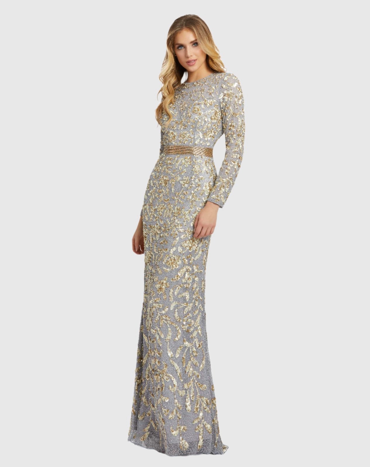 NWT Mac Duggal 4316 Long Sleeve Embellished Gown Platinum Gold Grey Size 4