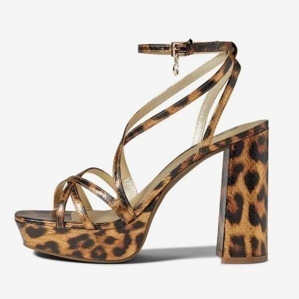New GBG Los Angeles G by GUESS Quinen black gold tiger block high heel strappy 7