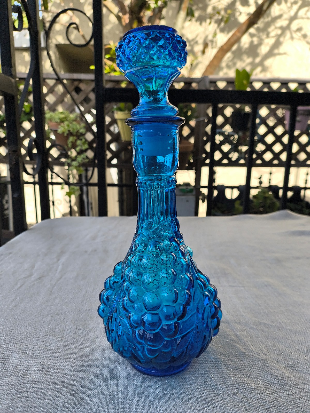 12 Vintage Imperial Blue Glass Decanter w Grape Pattern Genie Bottle