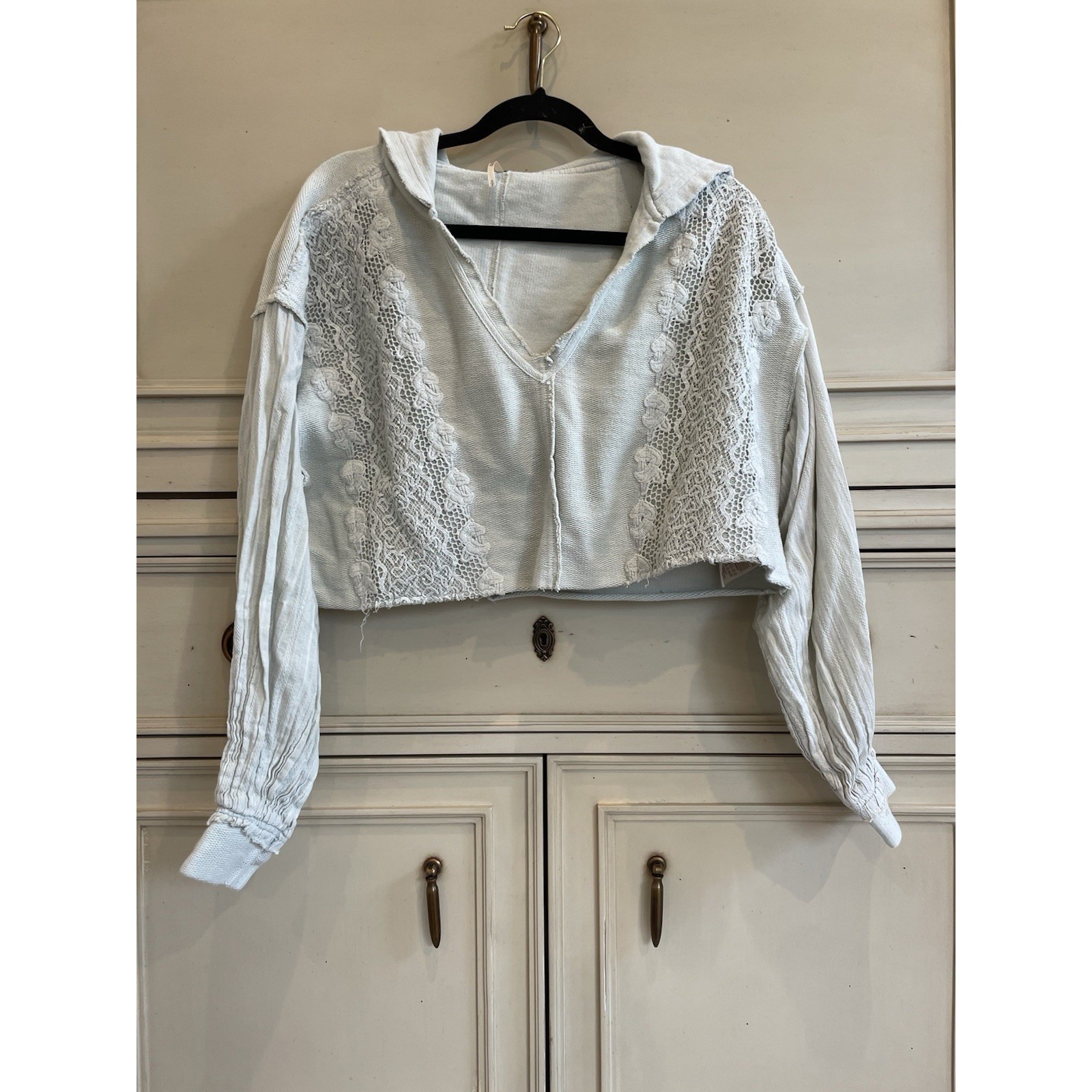 Free People Cropped Vneck Hoodie Lace Beachy Light Green Mint Green Small