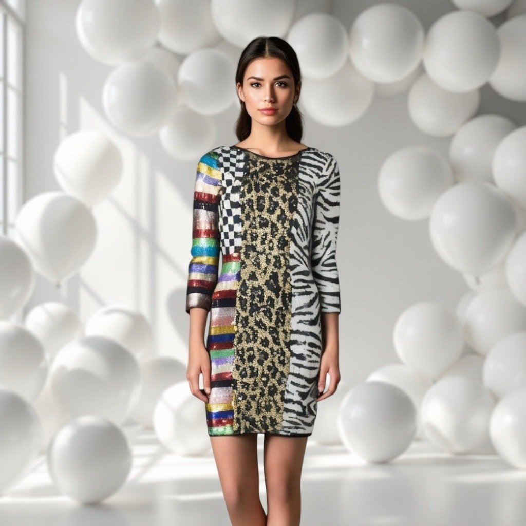 Alice + Olivia Jae Mixed Pattern Sequin Mini Dress Sz 2 Animal Print Maximalist