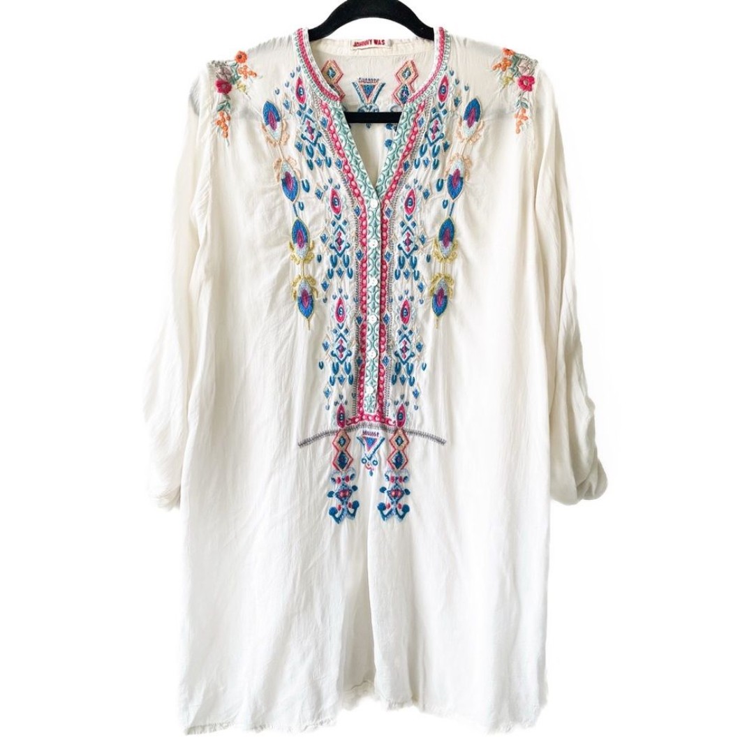 Johnny Was Womens Embroidered Rayon Tunic Top M White Boho Festival Cottagecore
