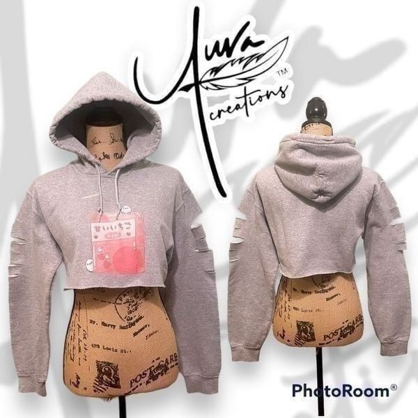 UPCYCLED Auva Creations Cropped and Distressed Peekaboo Kawaii Graphic Hoodie