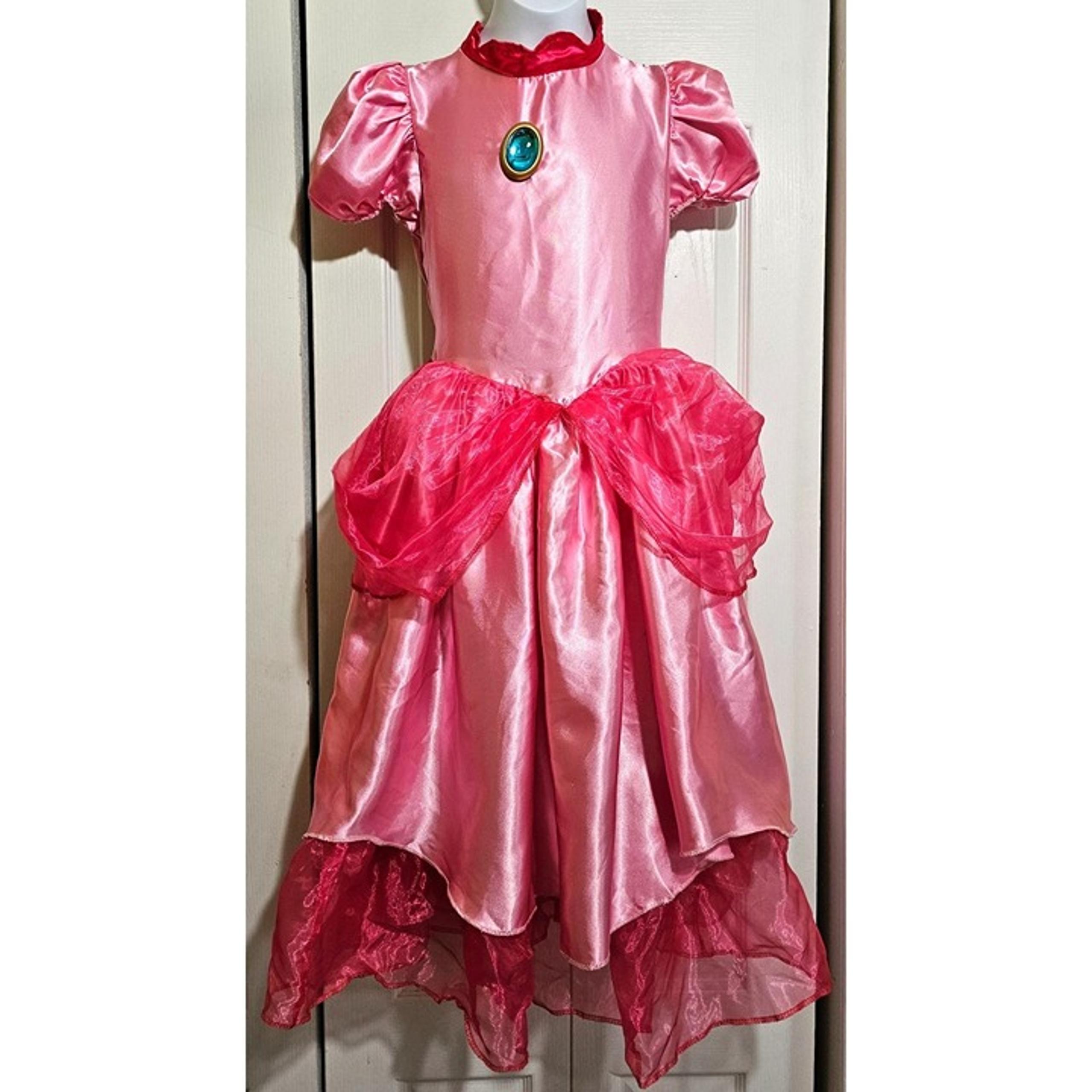 Princess Peach Costume Super Mario Dress Tiara Halloween Disguise Girls 10-12