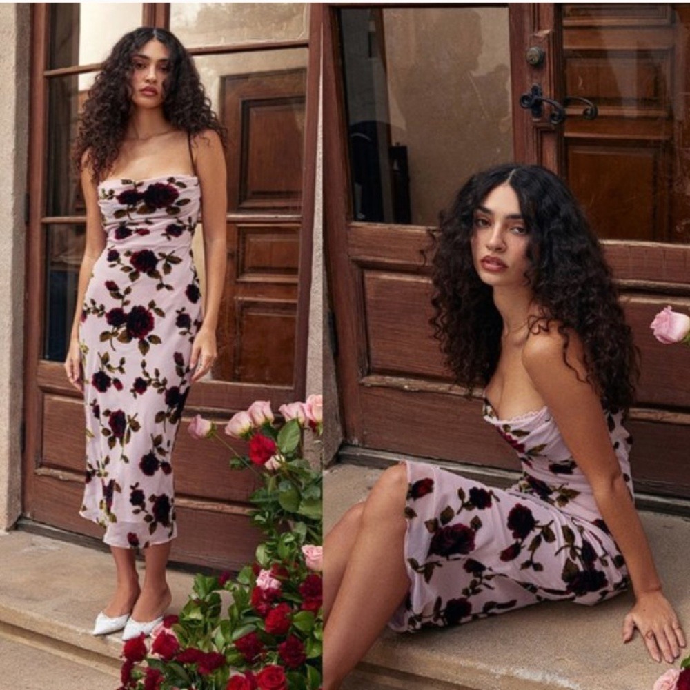 HOUSE OF CB Azura' Pink Devore Midi Dress floral velvet size XL L+