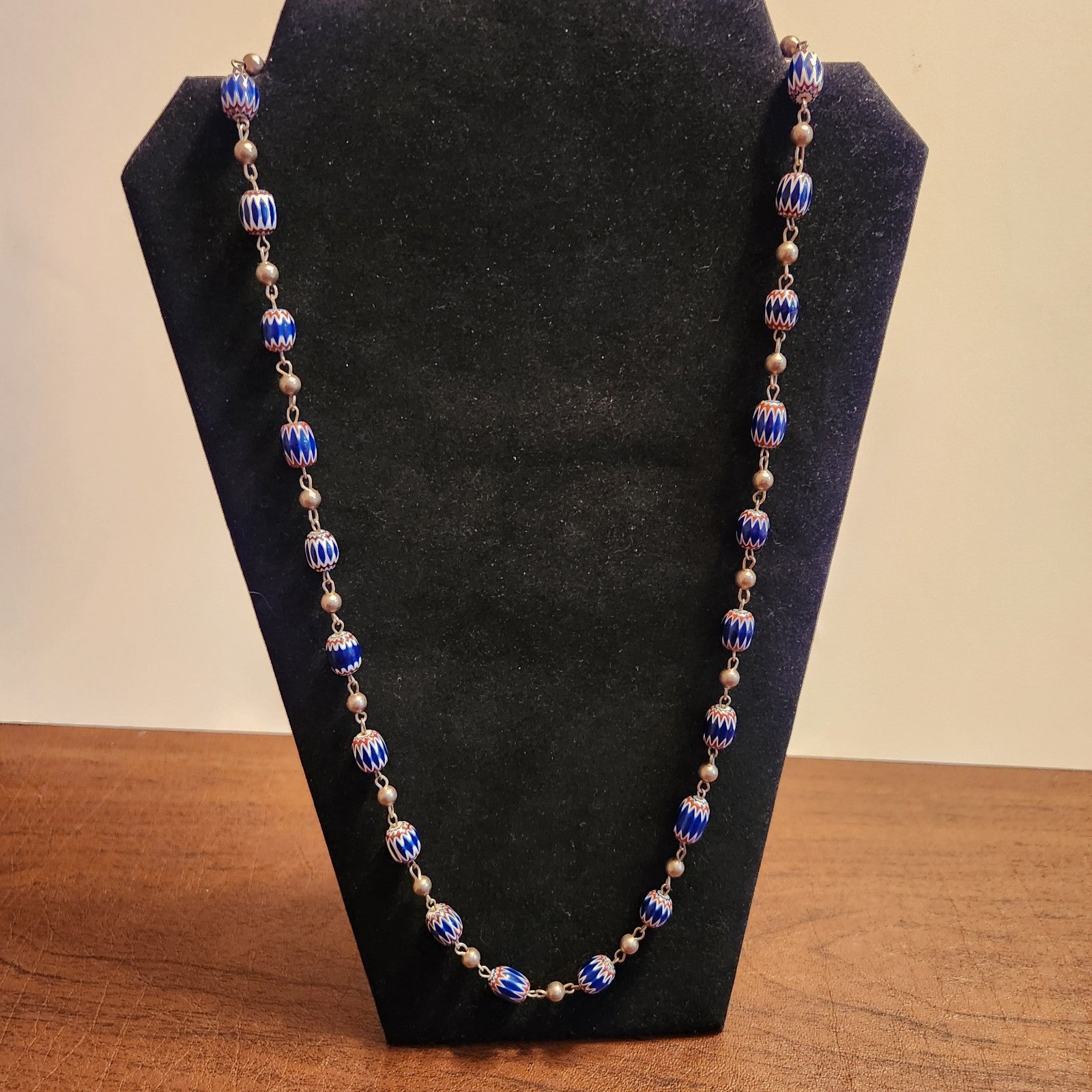 Vintage Chevron Venetian Glass 6 layer beads. Sterling silver accents. 28 . Nice