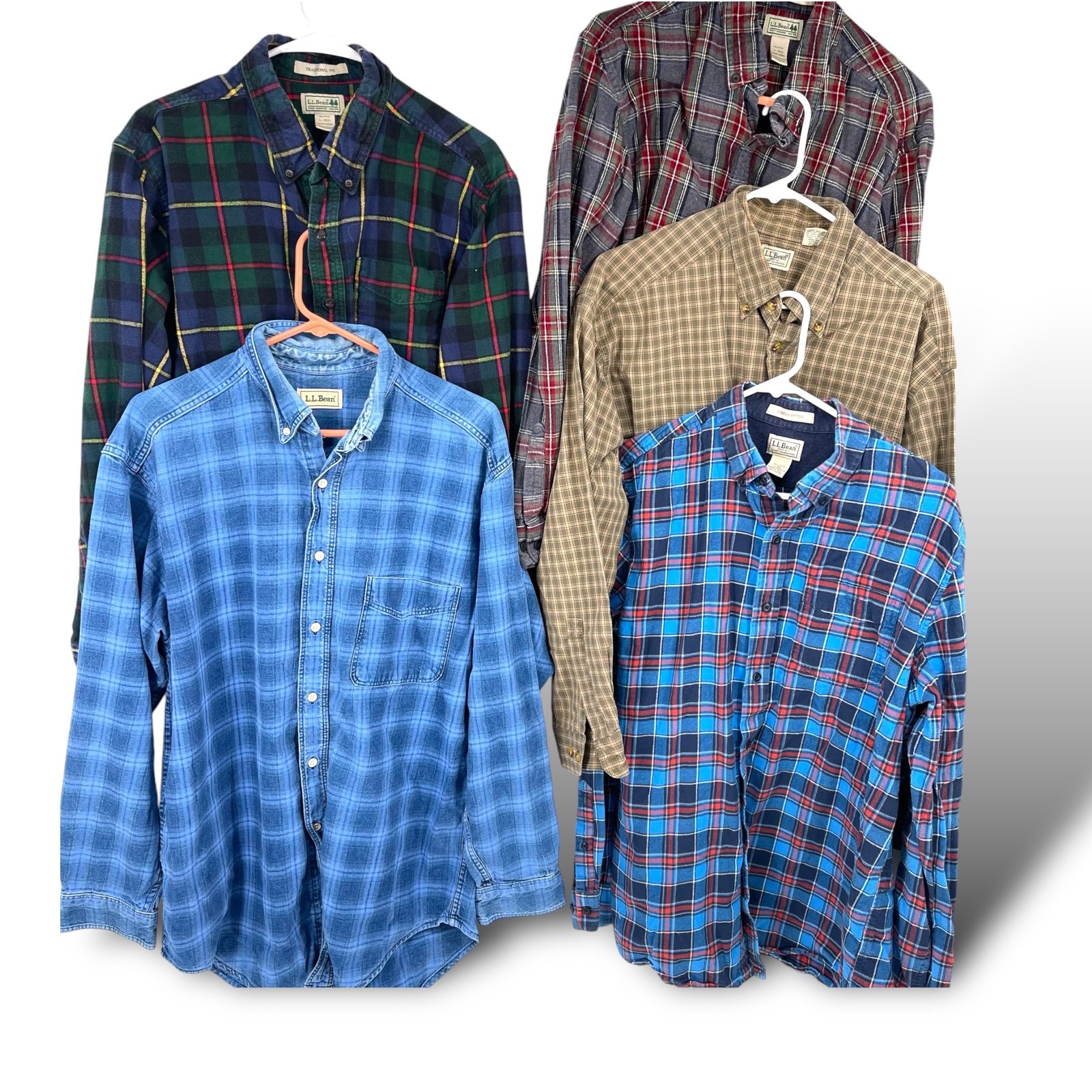 LL Bean Plaid Flannel Shirt Vintage Organic Cotton Mens Sz Large / XL Lot Of 5