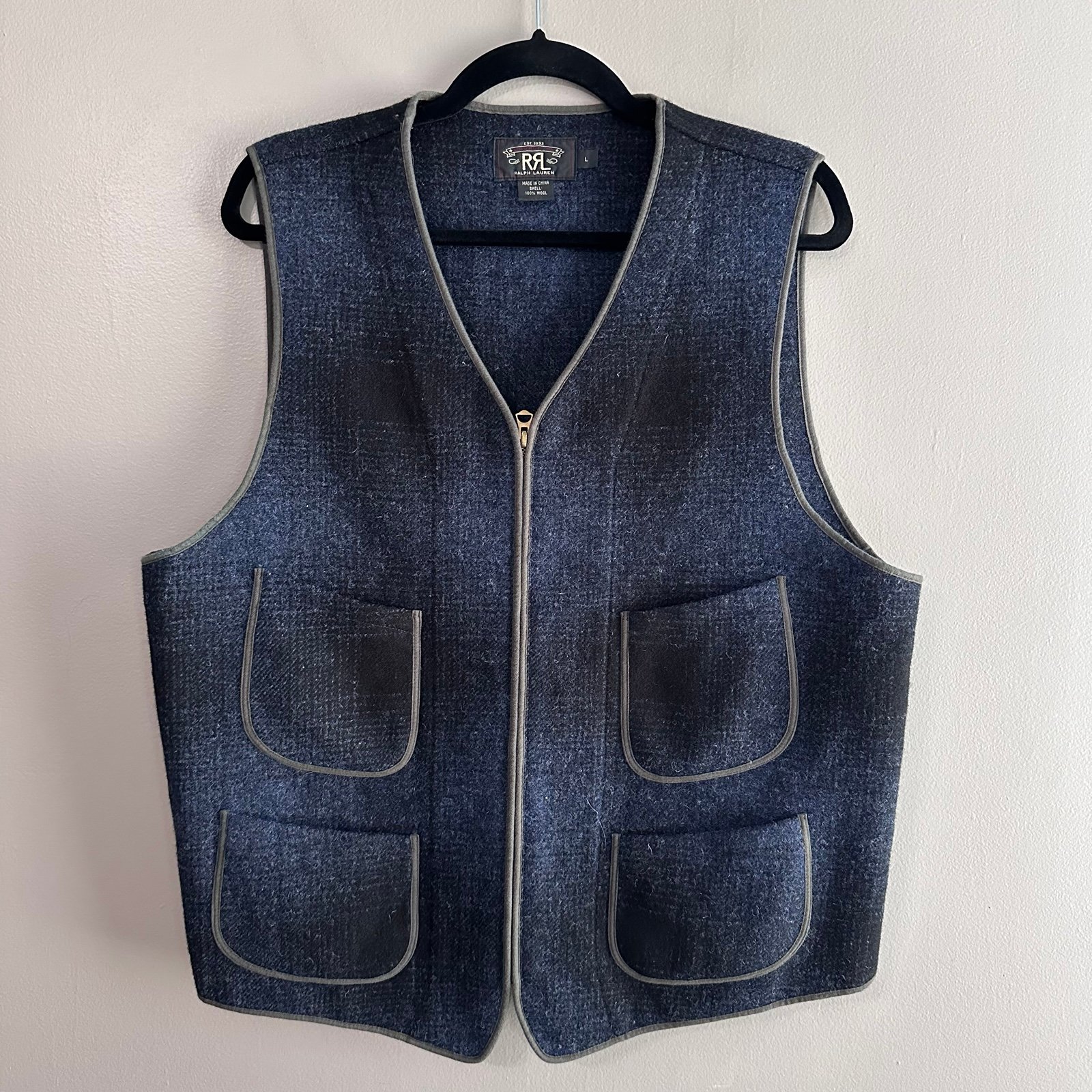 Ralph Lauren Double RL 100% Wool Blue Zip Vest Men’s Large Equestrian Americana