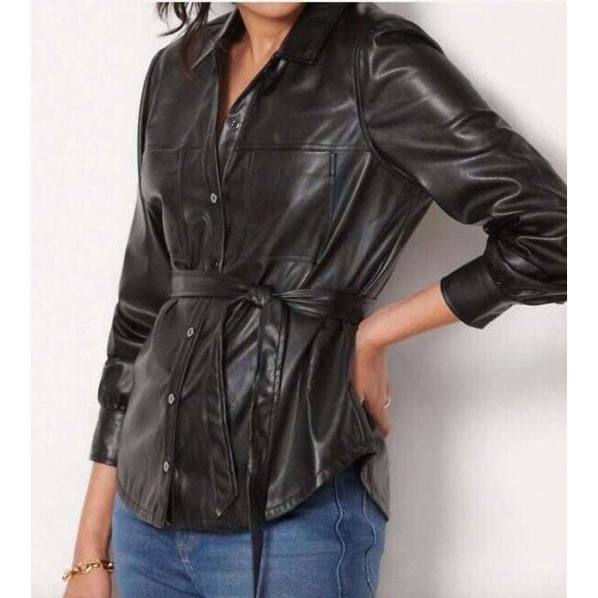 Paige Shirt Women's XS Faux Leather Belted Button Down Black