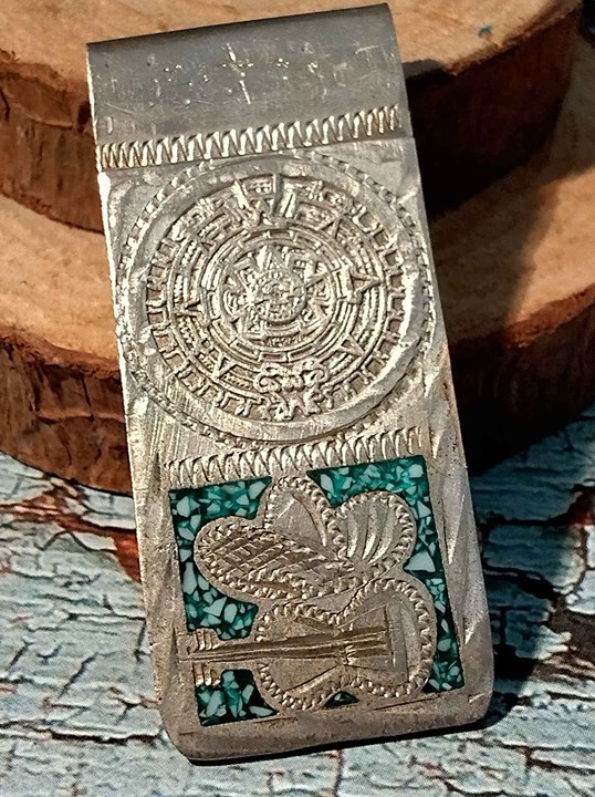 Vintage Alpaca Mexico Silver Turquoise Money clip