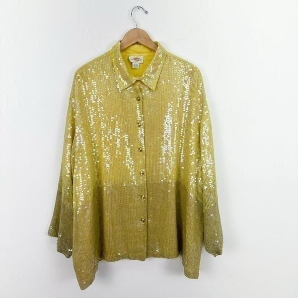 Sandy Starkman Woman’s Yellow Dip Dye All Over Iridescent Sequin Button Down Blo
