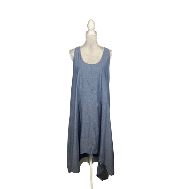 Joan Vass Lagen Look Blue Chambray Swing Dress Asymmetrical Hem Sleeveless L