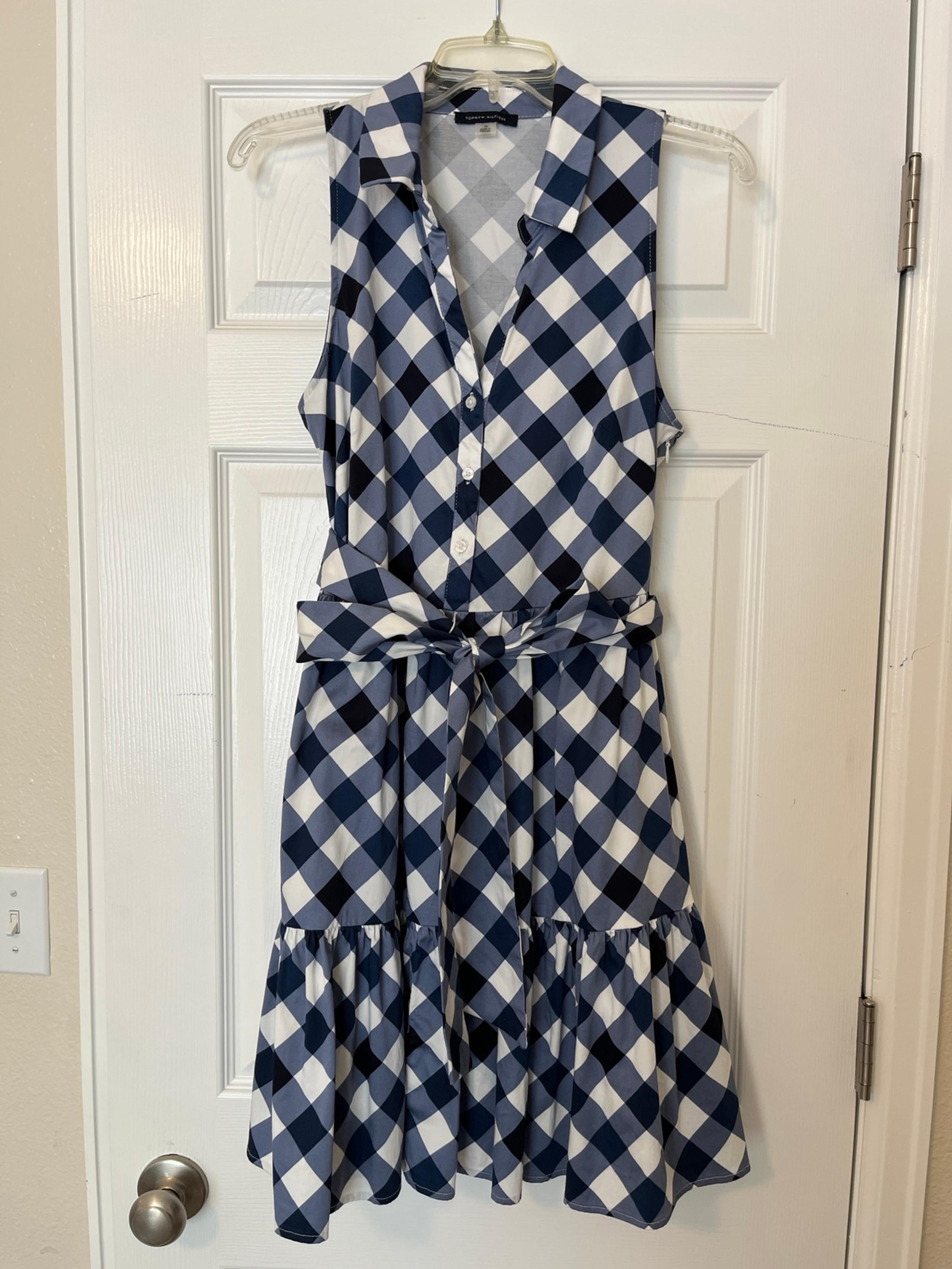 Tommy Hilfiger Women's Sleeveless Blue And White Cotton Button Midi Dress 12