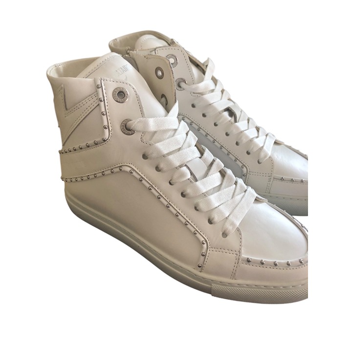 NIB ZADIG & VOLTAIRE HIGH FLASH STUDDED TRIM HIGH TOP WHITE LEATHER SNEAKERS SIZ