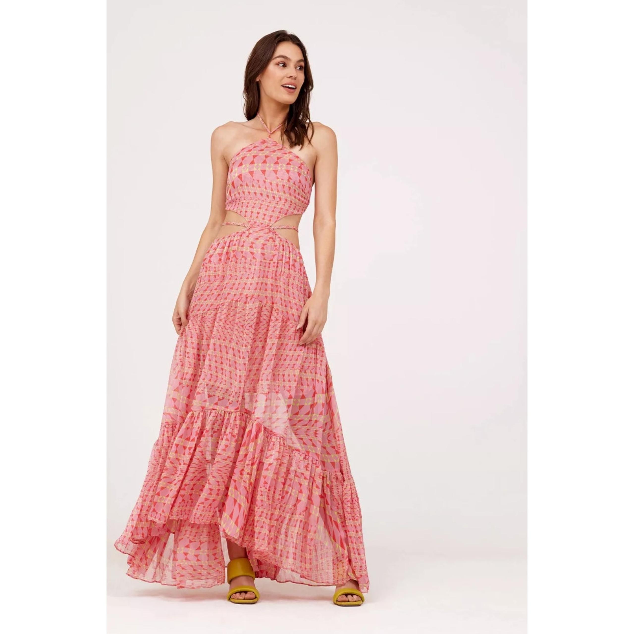 MISA Los Angeles Maxi Dress Dailia Halter Cutout Pink Ruffle Chiffon Size L