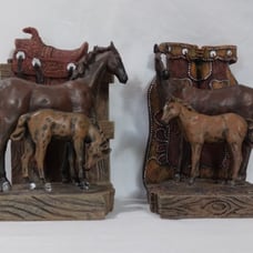 Bookends Western Style Horse With Foal Colt Saddle Heavy Resin Wood Look