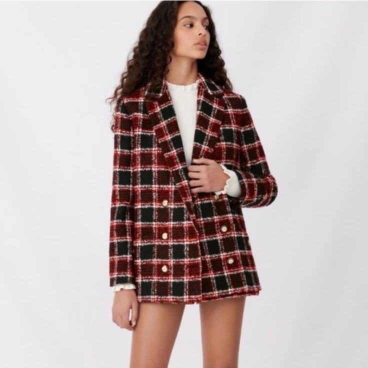 Maje Red & Black Tweed Plaid Wool Blend Blazer Jacket
