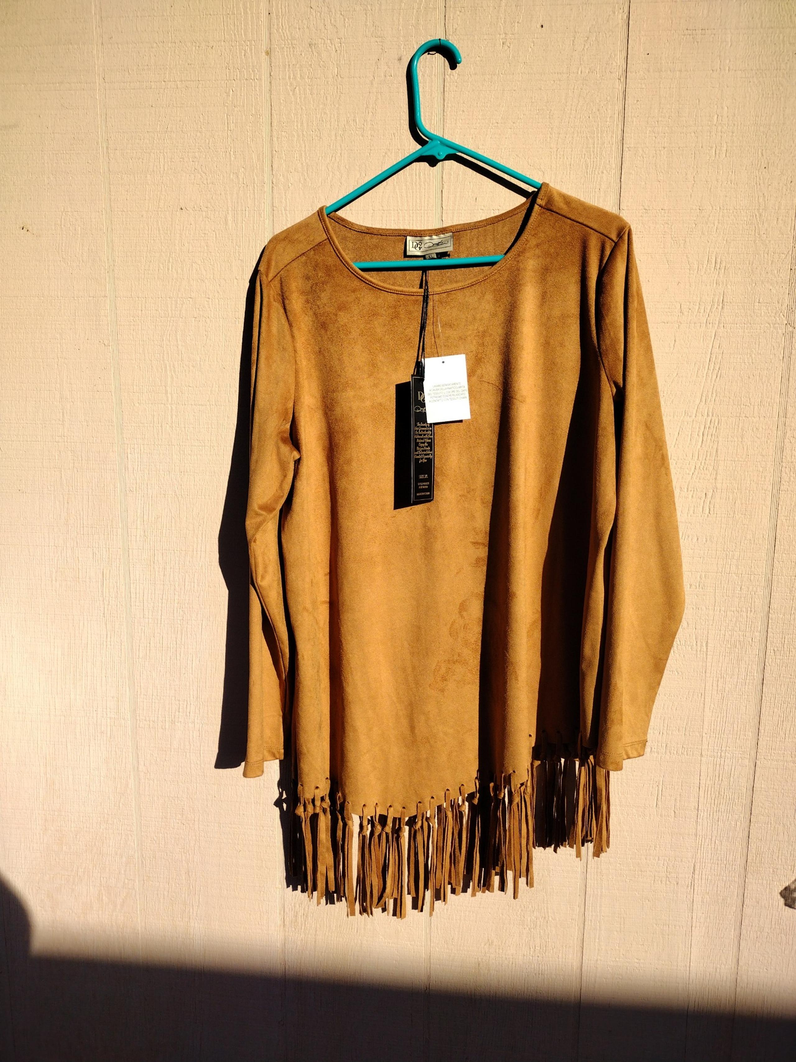DG2 DIANE GILMAN NEW NWT TAN LEATHER XL SHIRT WITH FRINGES