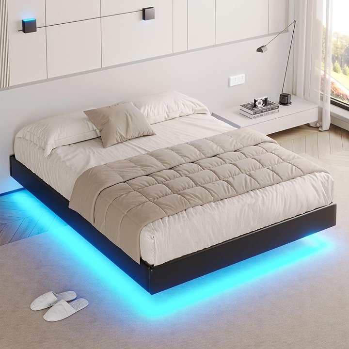Floating Queen Bed Frame with LED Lights Modern Platform Bed No Headboard Black