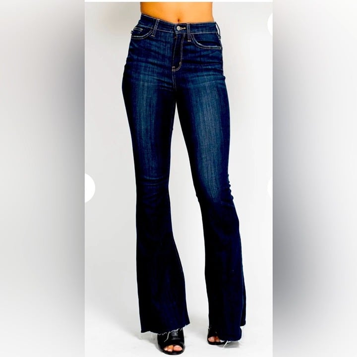 Judy Blue NWT High Waist Raw Hem Flare Tall Dark Blue Size 27 with 33” Inseam
