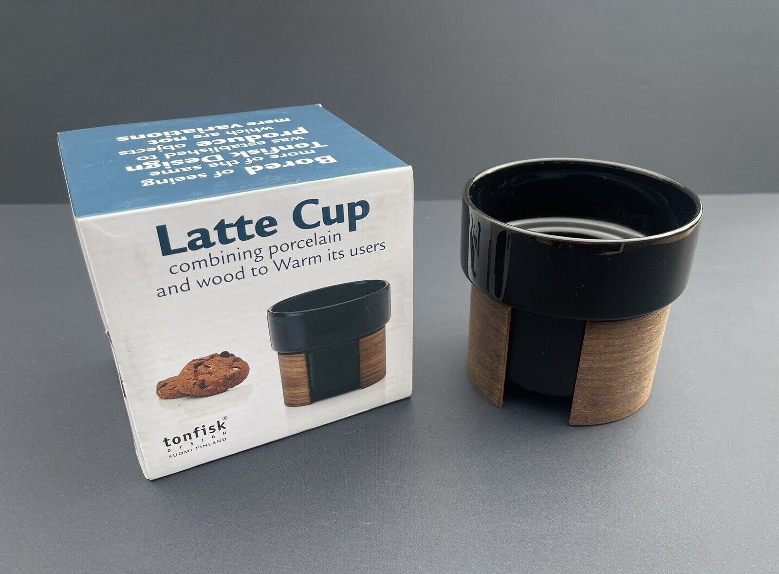 Latte Cup Tonfisk Design Walnut Wood Black Warm Tea Coffee Mug Suomi Finland