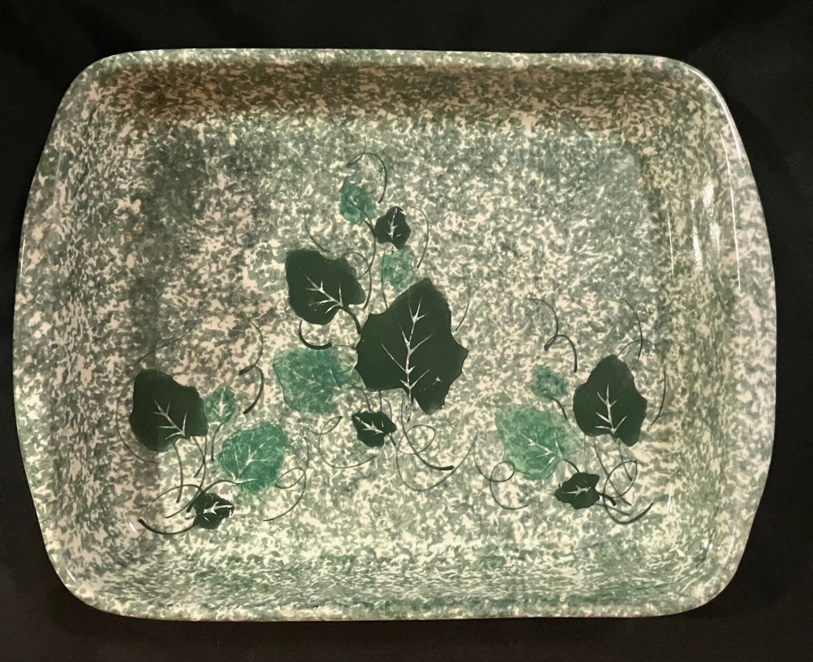 Vintage Decorative Ivy-Patterned Spongeware Glazed Stoneware Casserole