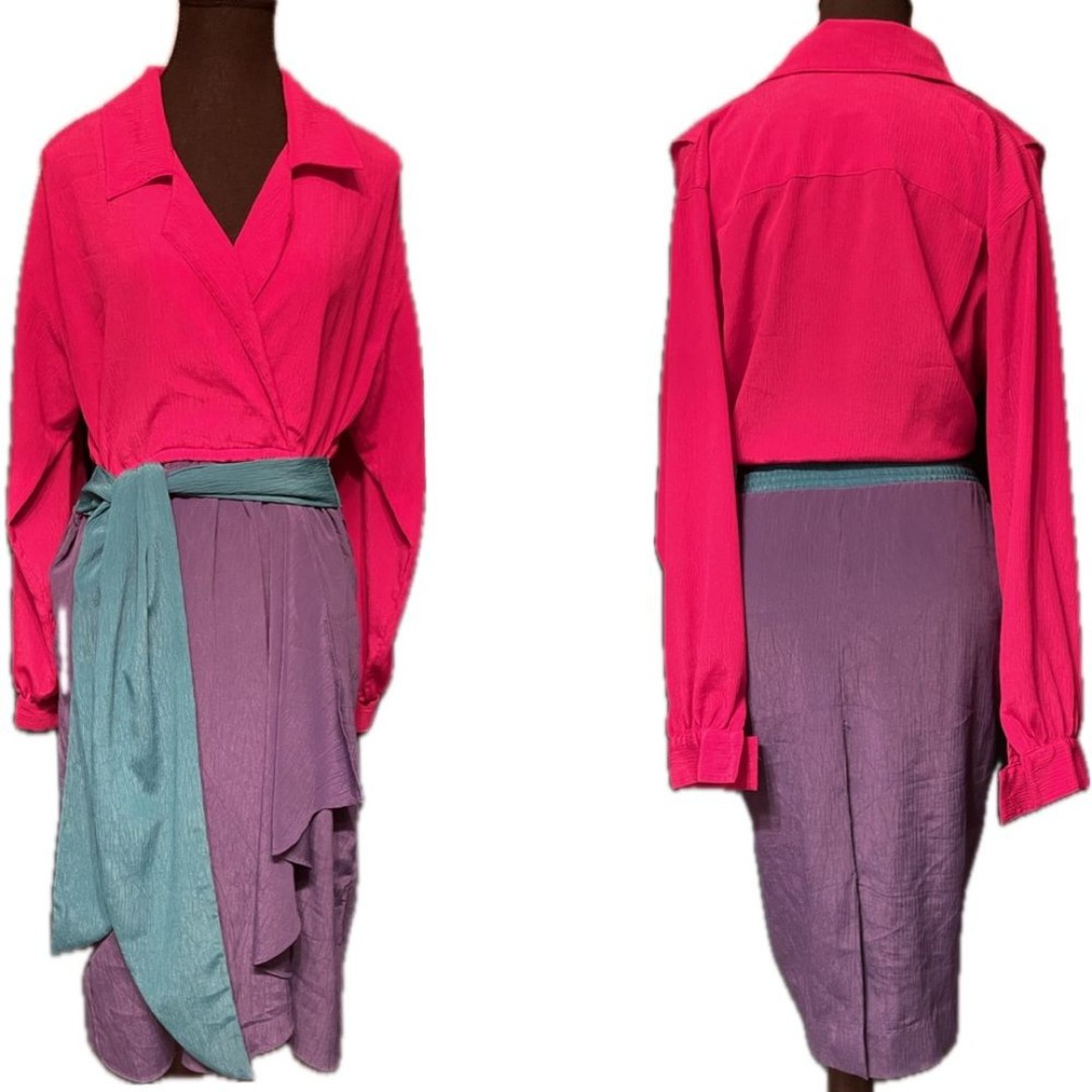 Vintage 80s Leslie Fay Petite Hot Pink Teal Purple Color Block Retro Wrap Dress