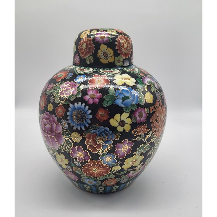 VTG Oriental Polychrome Ginger Jar Ceramic Mille Fleur Floral Painted Gold Etche