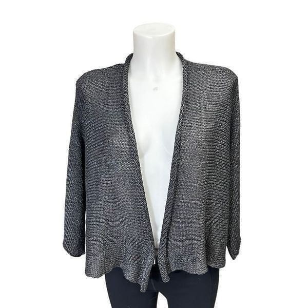 EILEEN FISHER Metallic Gray Loose Knit Open Front Cropped Cardigan sz XS