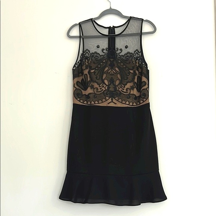 Greylin Black and Tan Lace Mesh Dress with Embroidery Peplum Dress Size large
