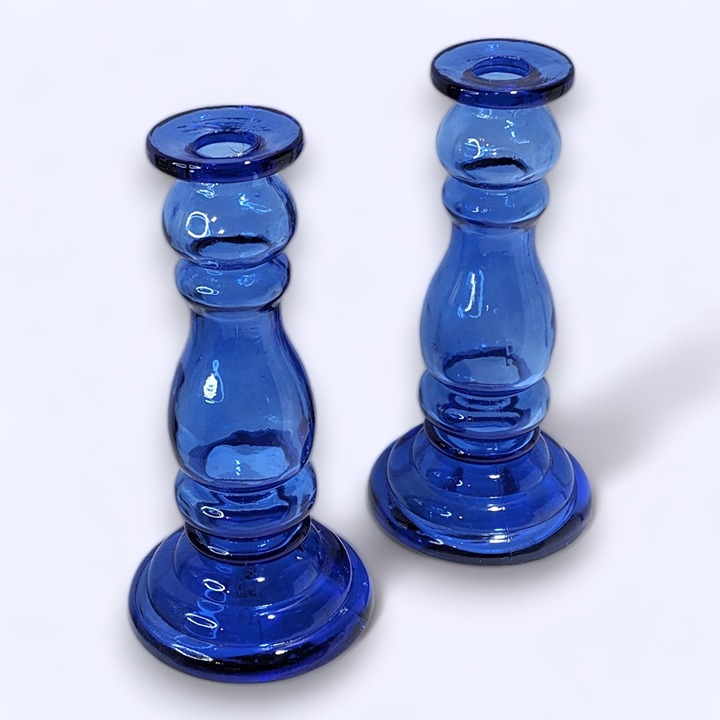 2X POTTERY BARN Cobalt blue glass candlesticks taper candle holders 8 EUC