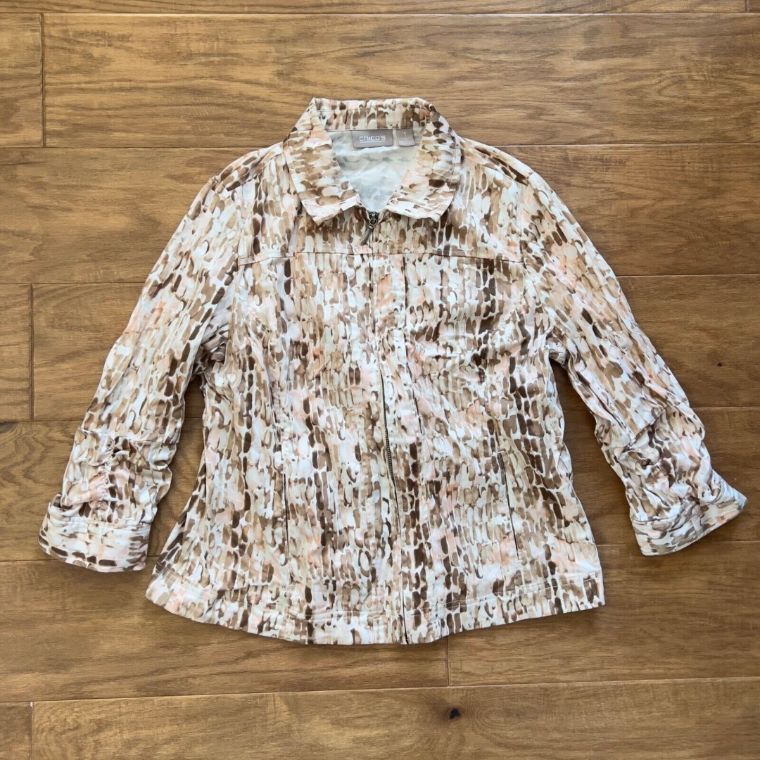 Chico's Watercolor Geometric Print Full Zip Jacket Size 1 (M) Brown/White/Pink