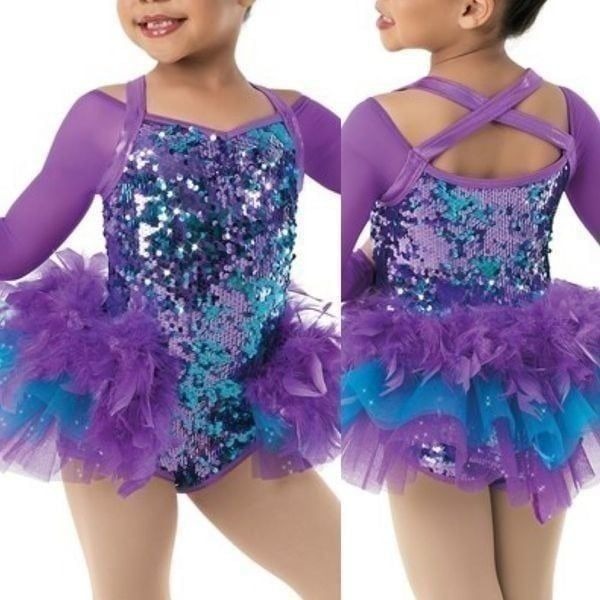 WEISSMAN Dance costume Bigger Is Better 10504 Purple feather sassy XSC 4/5