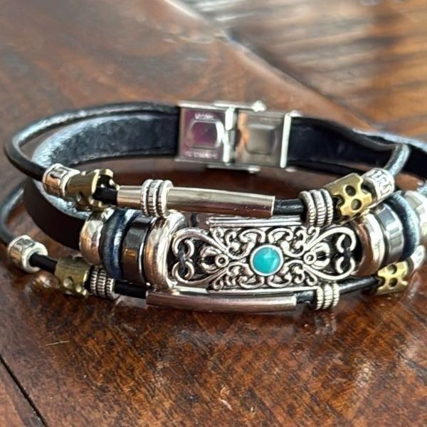 Boho Beach Style Multi Strand Black PU Leather Bead Bracelet, Vintage Bohemian
