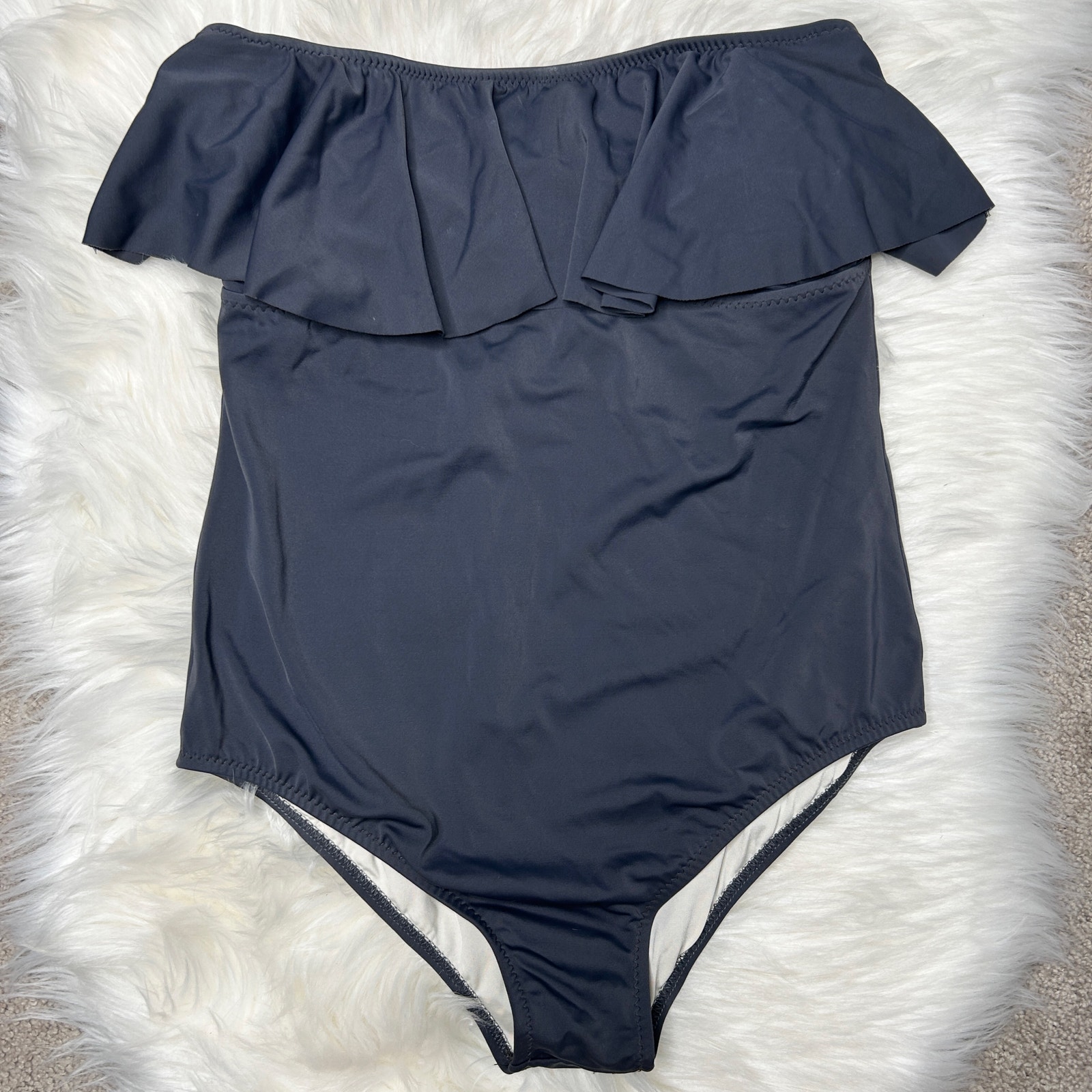 EBERJEY Navy Blue Ruffle Strapless One Piece Swimsuit Womens Size Large Vacation