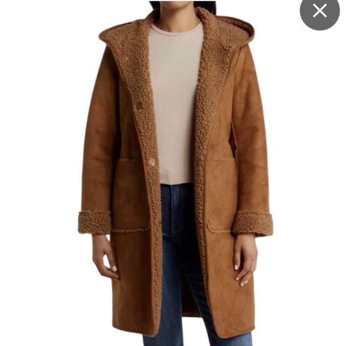 Michael Kors Faux Suede Jacket Coat Faux Fur Hooded Cappuccino Brown Size M