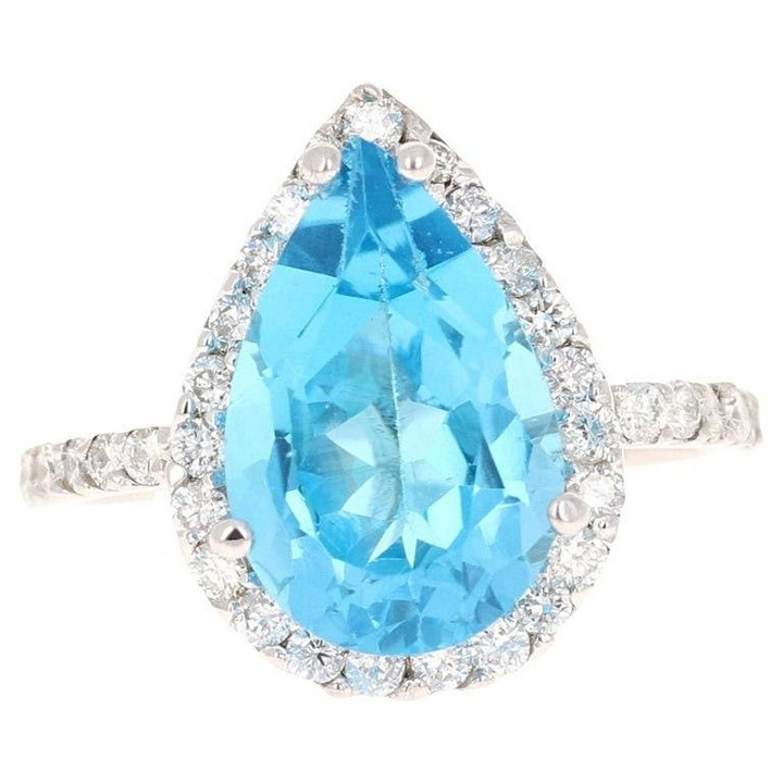 6.55Ct Natural Pear Blue Topaz & Diamond Halo Solitaire Ring 14k White Gold