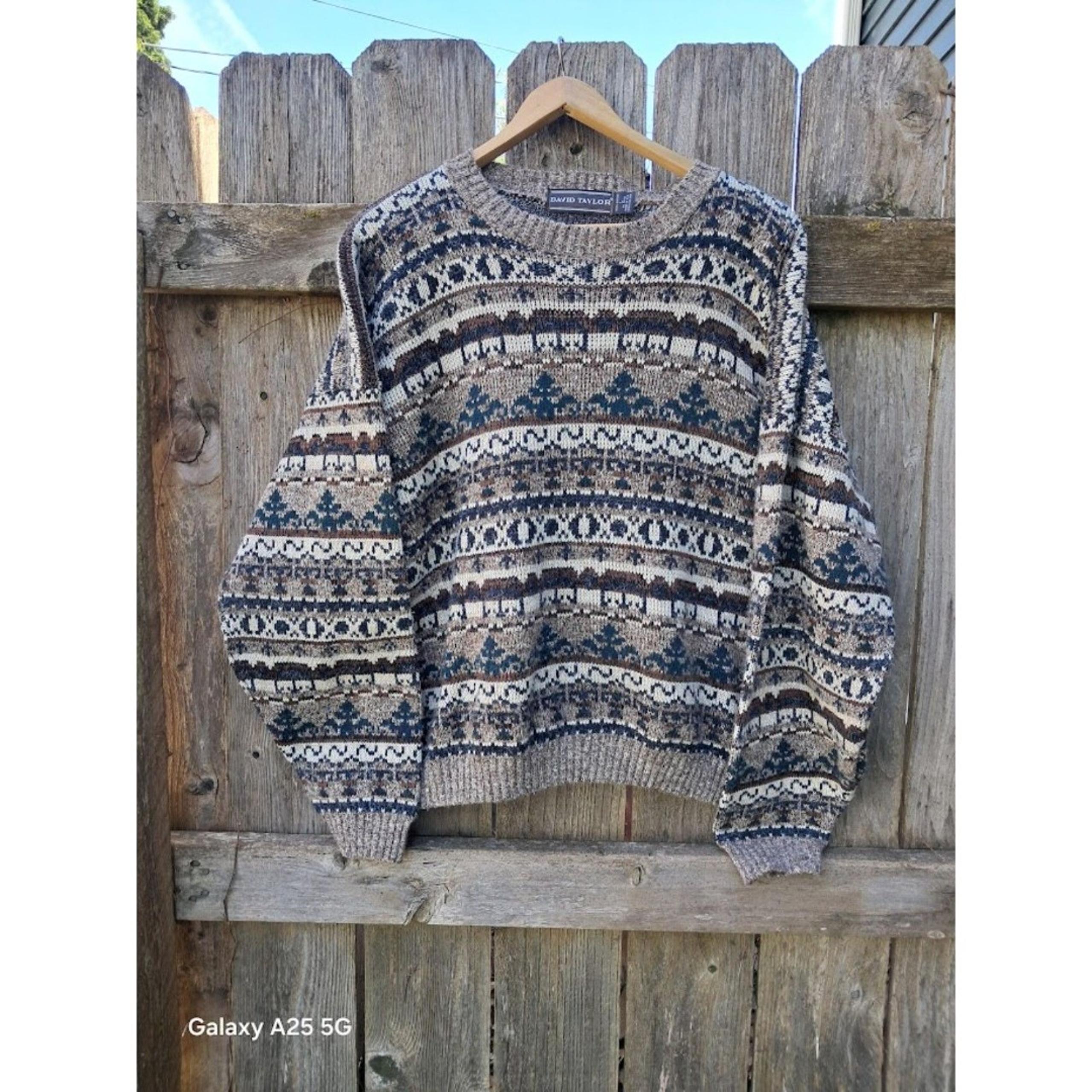 Vintage David Taylor Sweater Mens Size L Neutral Striped Grandpa Sweater Neutral