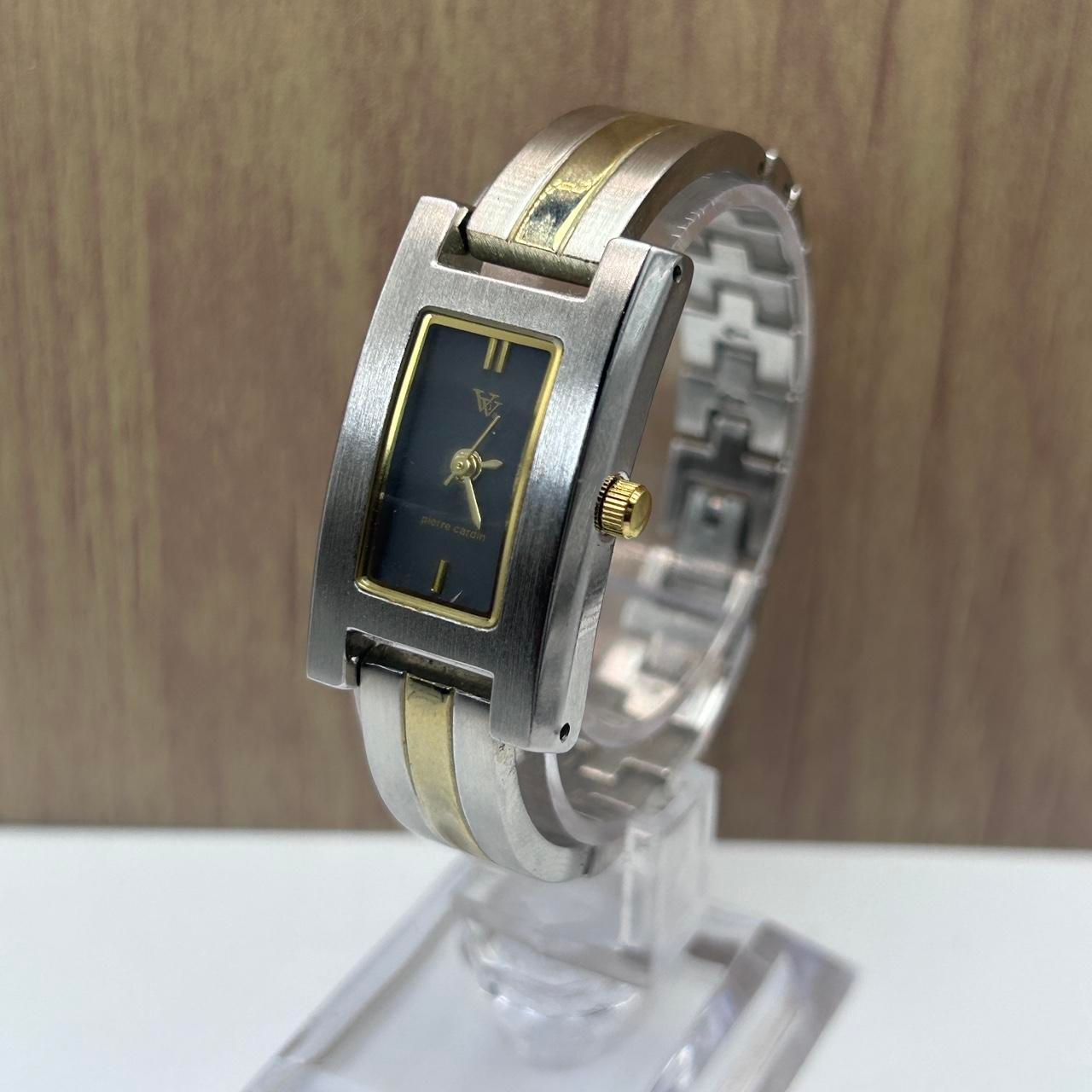 Vintage Pierre Cardin Unisex Watch Rectangle Black Dial on Silver Linked Band