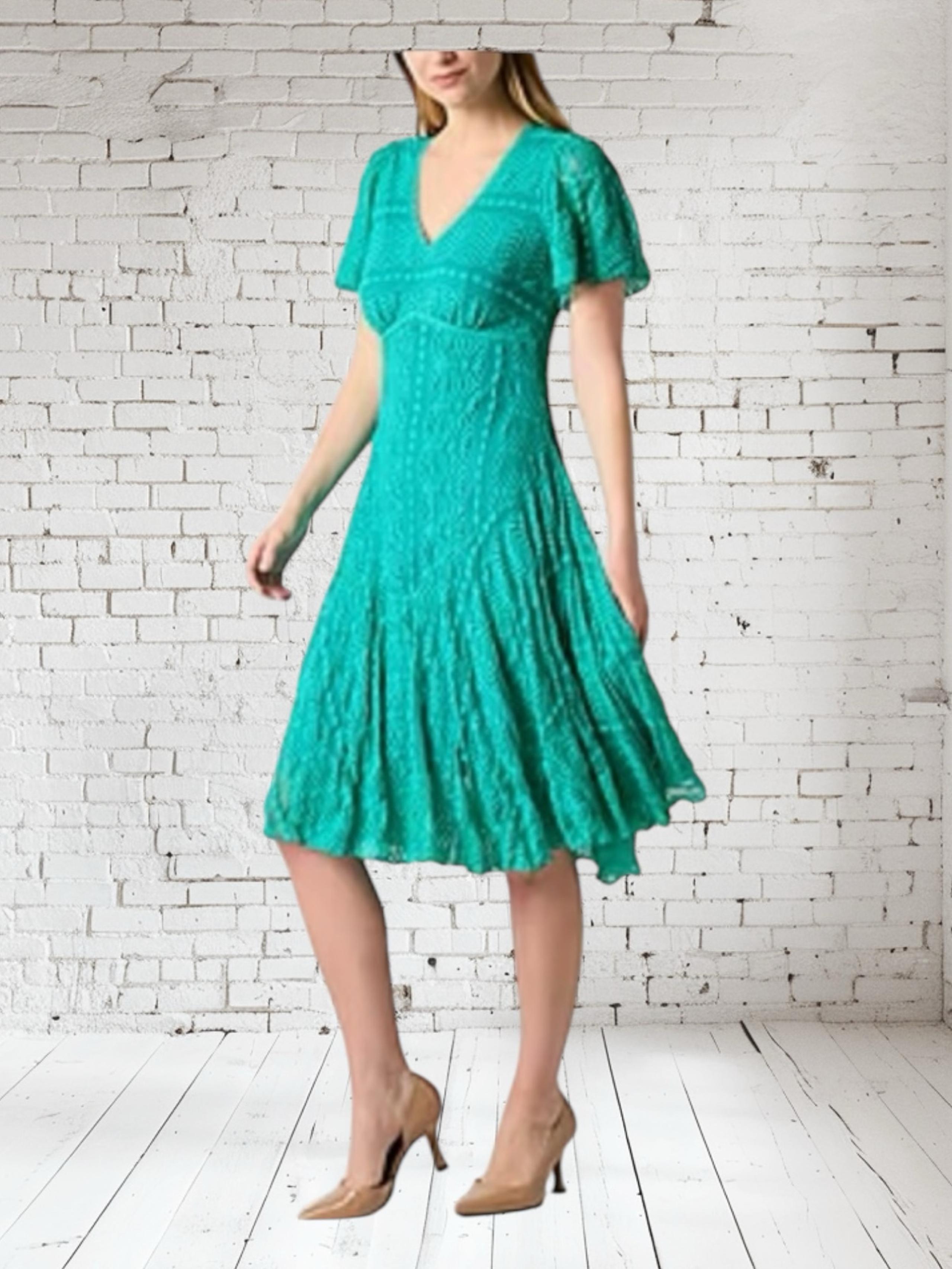 Green Fit and Flare Lace Dress with Flutter Sleeves - Size 14 - NWOT