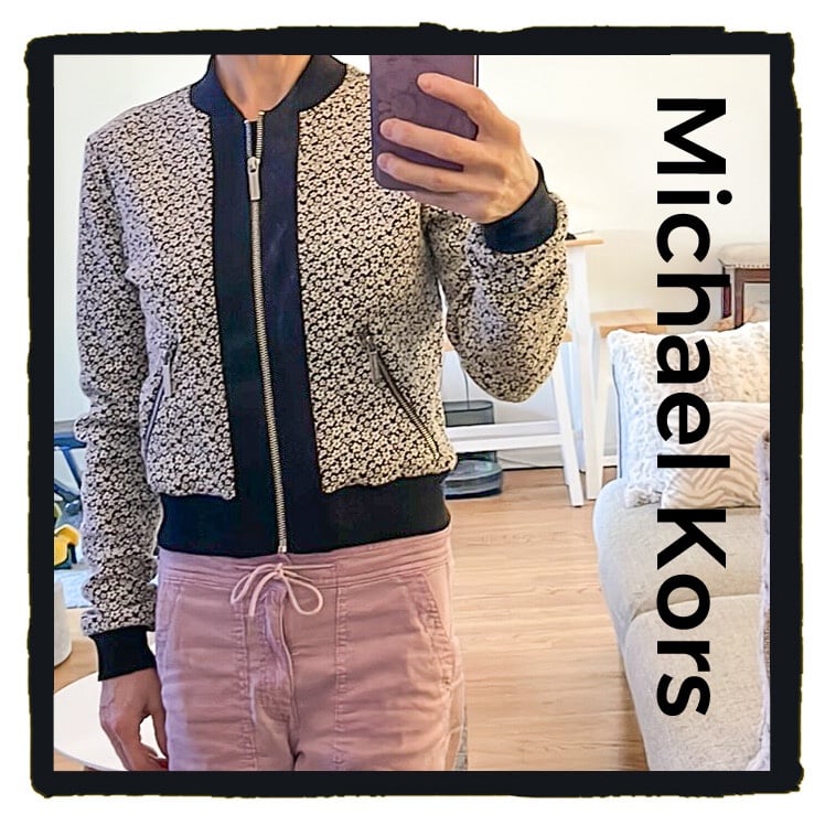 Michael Kors White on Black Floral Bomber Jacket