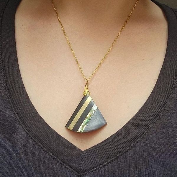 Vintage Abalone Black & Gold Modern Bohemian Triangle Necklace