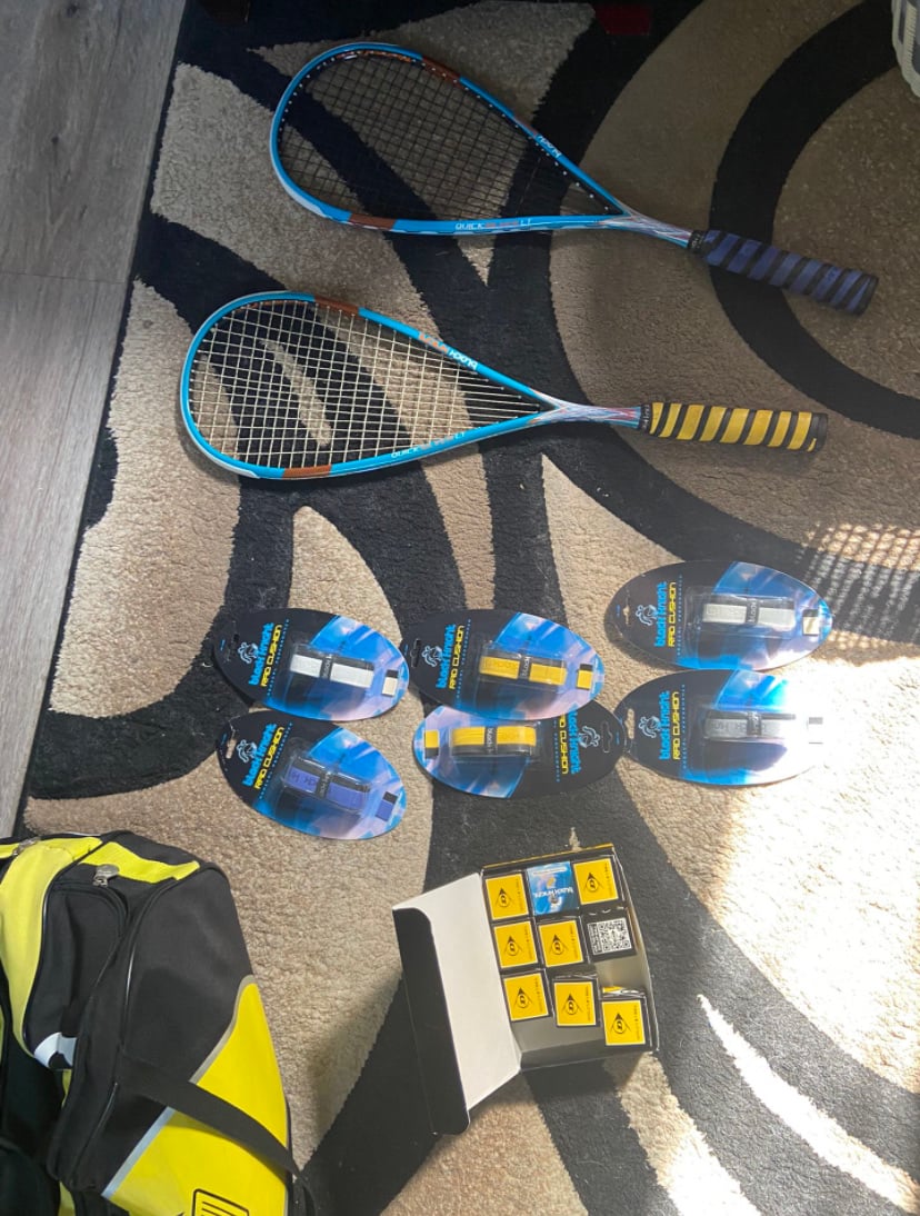 Squash Racquets, Grips, Balls, and a Bag