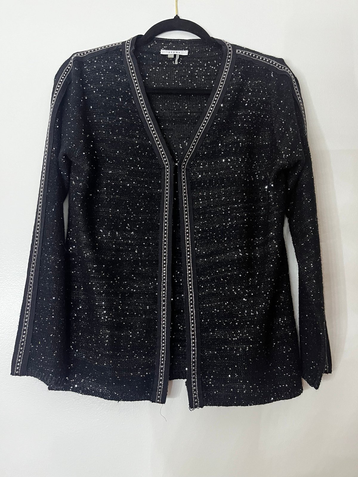 Sioni Black Sequin Silver Studded Embellished Cardigan Sweater Blazer