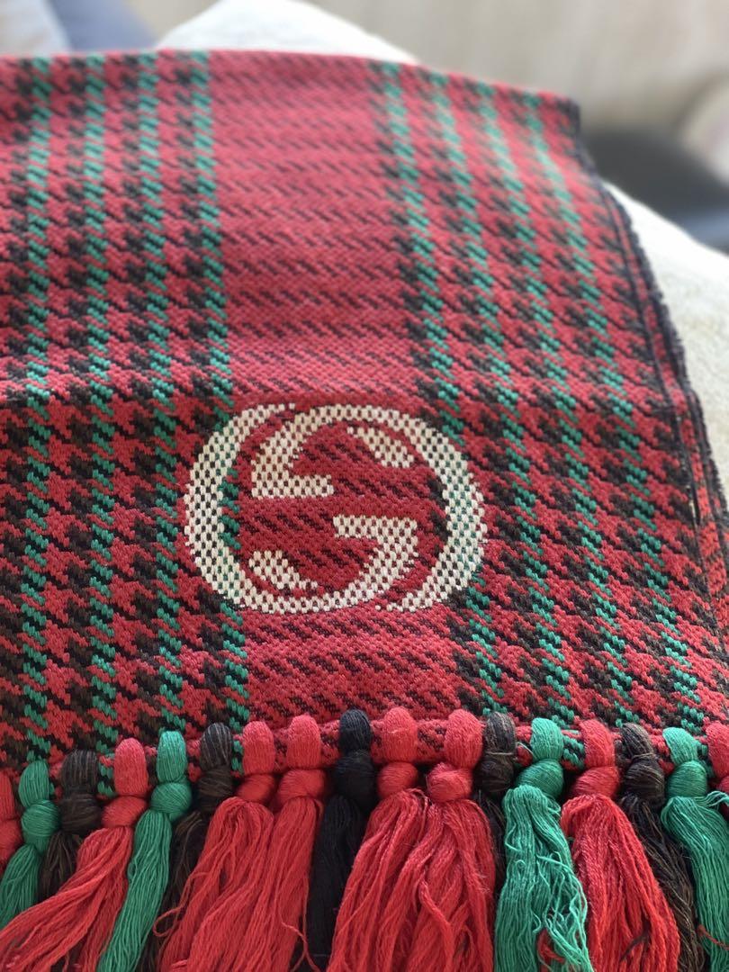 GUCCI Red and Green Checked Scarf 30x180cm