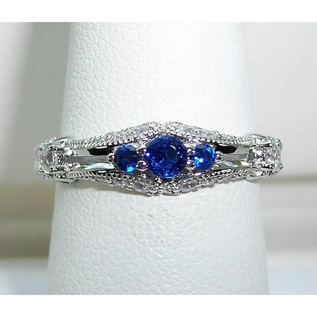 Size 7, 925 STERLING SILVER Antique Style Blue Spinel CZ Filigree Ring