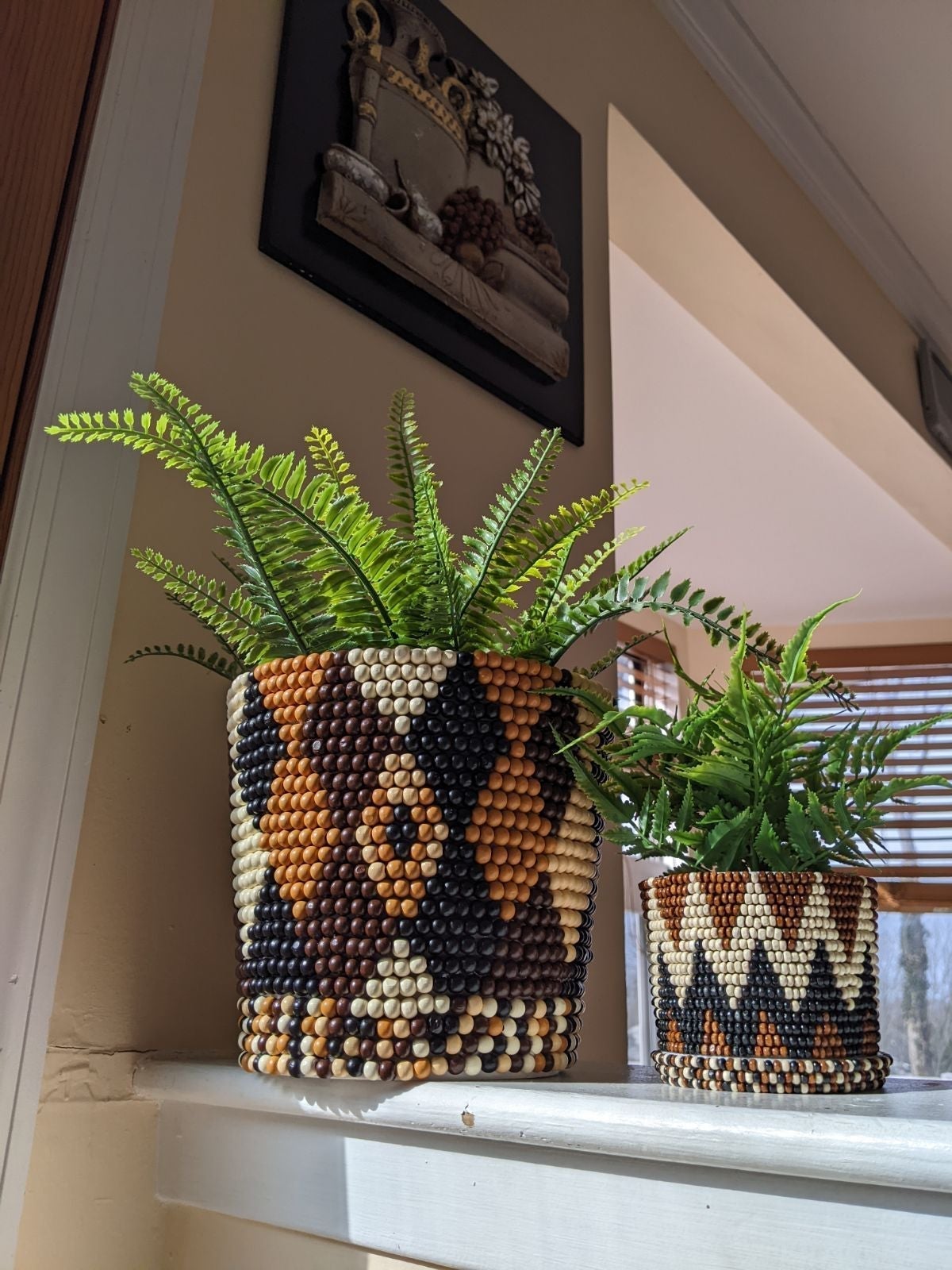Boho-chic beaded self watering planter with detachable beaded tray bundle