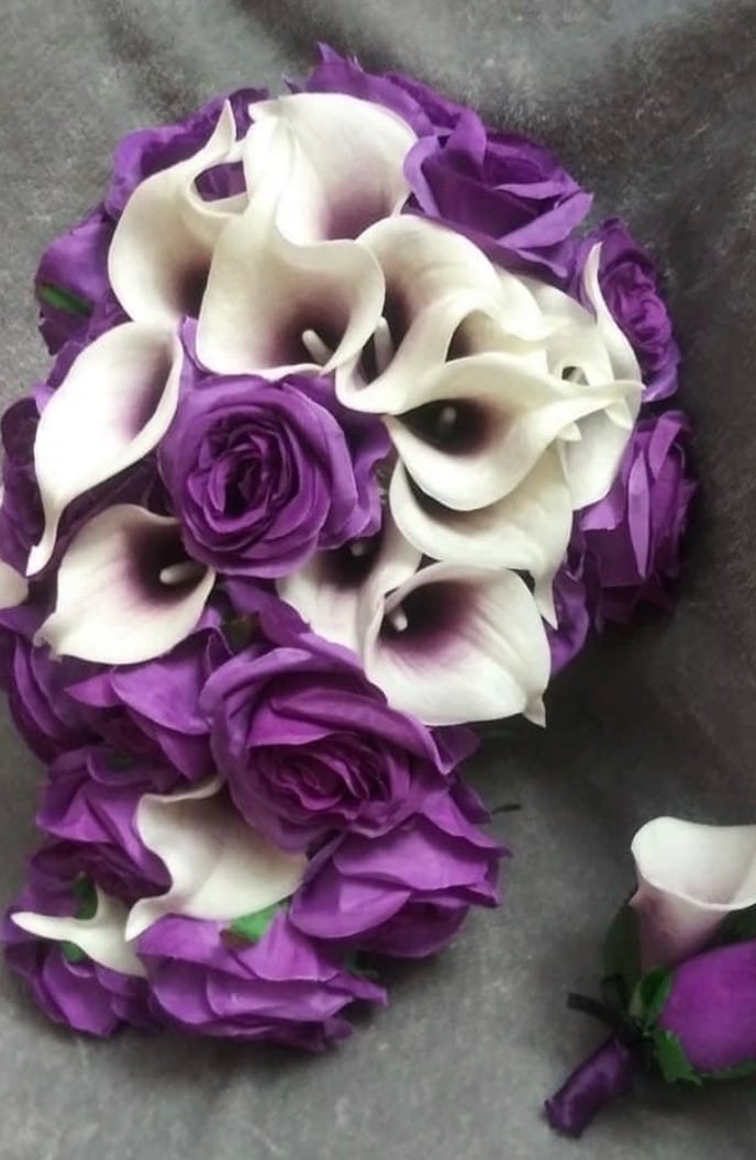Silk white cala lily and purple rose set