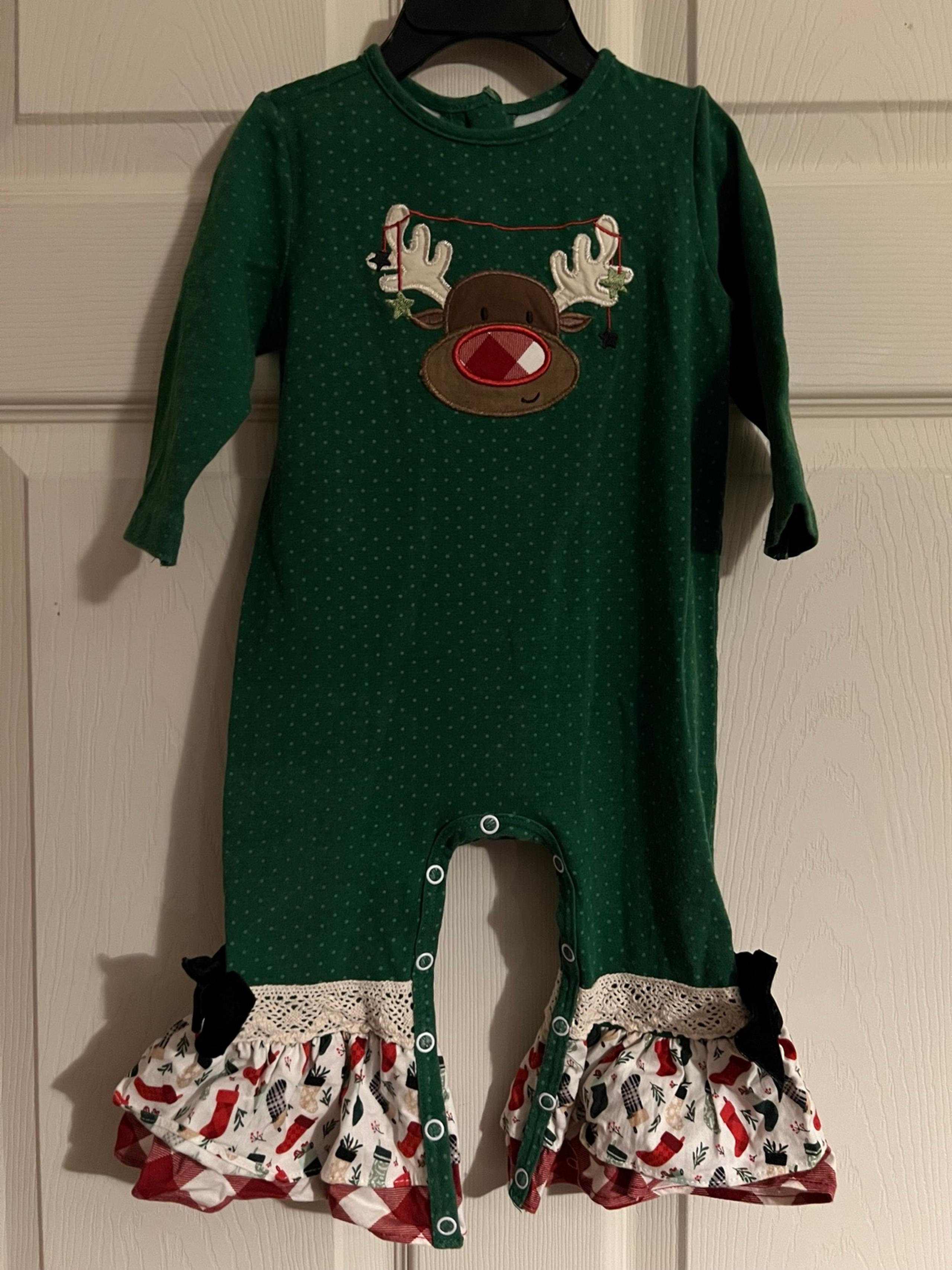 HTF Ricrac & Ruffles romper, Christmas, Rudolph, green, size 12 mo, Super cute