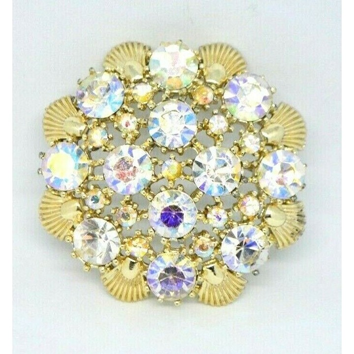 1950s Gold Tone PEGASUS CORO Clear AB Rhinestone Flower Pin Brooch